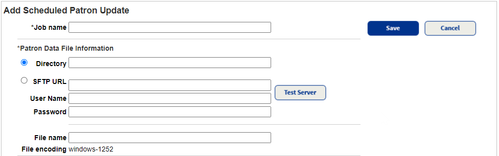 Job name and Patron Data File sections on the Schedule Patron Update page.